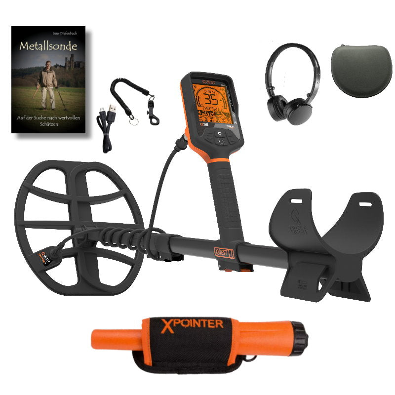 Quest Q35 Metalldetektor mit Funkkopfhörer & Xpointer Pinpointer (orange) mit Buch