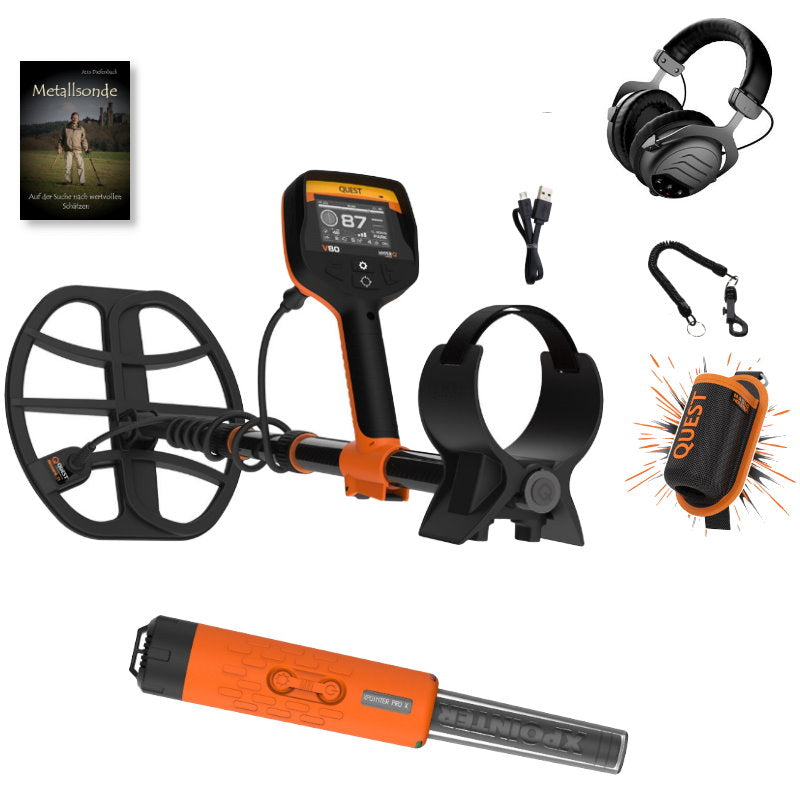 Quest V80 Metalldetektor mit Funkkopfhörer & Xpointer Magic MAX Pinpointer & Schatzsucherhandbuch