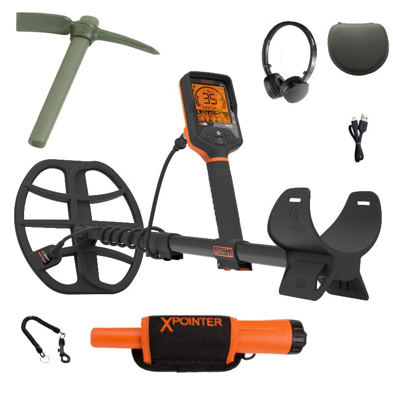 Quest Q35 Metalldetektor mit Funkkopfhörer & Xpointer Pinpointer (orange) mit Grabehacke
