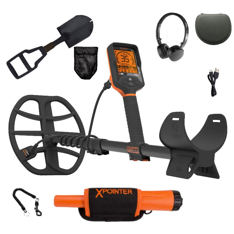 Quest Q35 Metalldetektor mit Funkkopfhörer & Xpointer Pinpointer (orange) mit Schaufel
