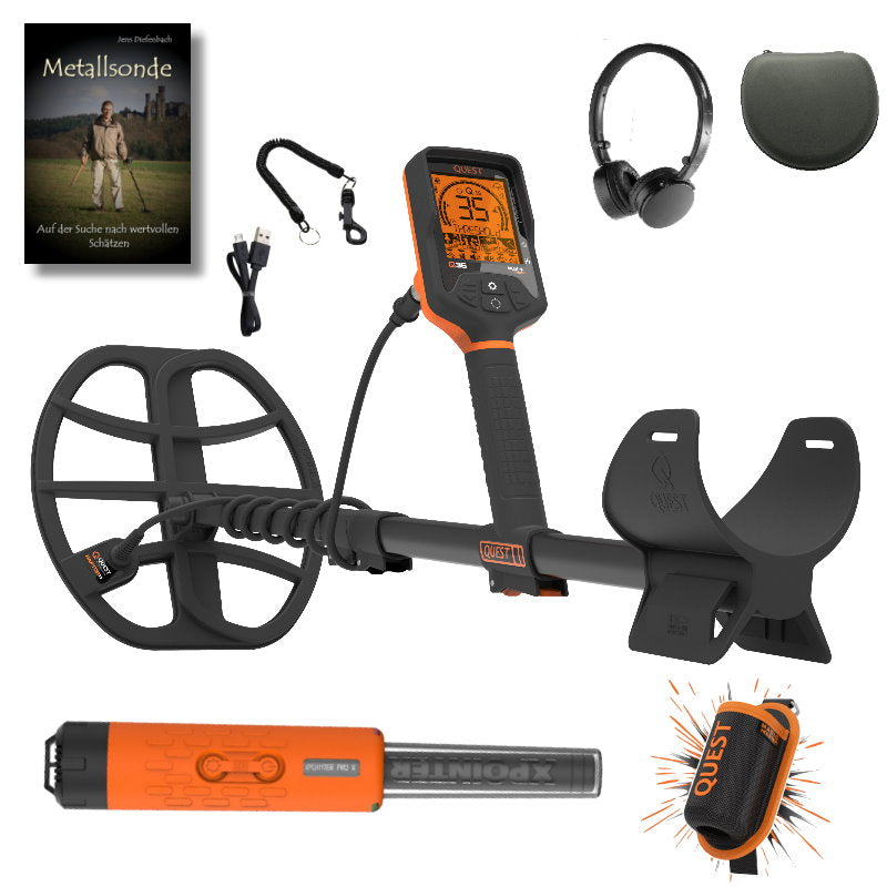 Quest Q35 Metalldetektor mit Funkkopfhörer & Xpointer Magic MAX Pinpointer & Schatzsucherhandbuch