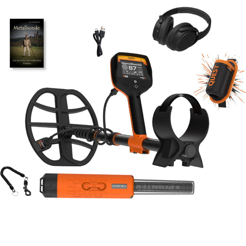 Quest V60 Metalldetektor mit Funkkopfhörer mit gratis Xpointer Magic MAX Pinpointer & Schatzsucherhandbuch